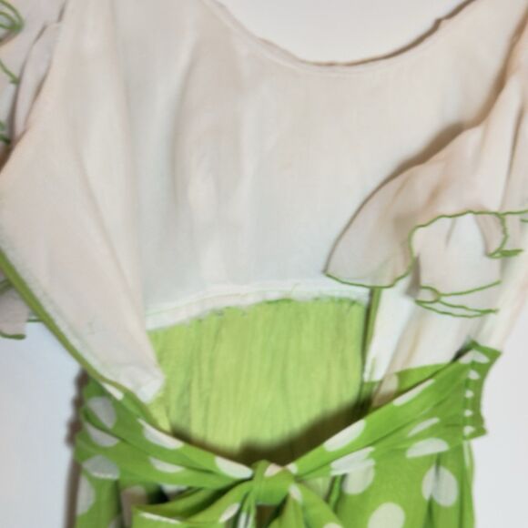Vintage 60s Milkmaid Polka Dot Dress Size Small Green Handmade Trad Off Shoulder - Picture 8 of 16